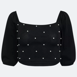 Produto - [PRODUTO-FRONTEND] Blusa Em Tricô Com Pérolas Bordadas E Manga Bufante Preto - NÃO APAGAR