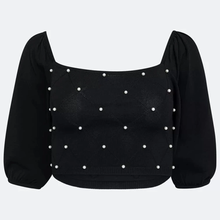 [PRODUTO-FRONTEND] Blusa Em Tricô Com Pérolas Bordadas E Manga Bufante Preto - NÃO APAGAR